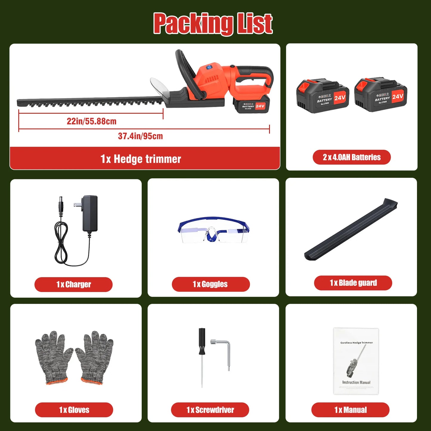 22-Inch Cordless Hedge Trimmer Lawn Mower –24000r/min Portable Hedge Cutter with 4000mAh Batteries for Lawn Garden Yard Tools