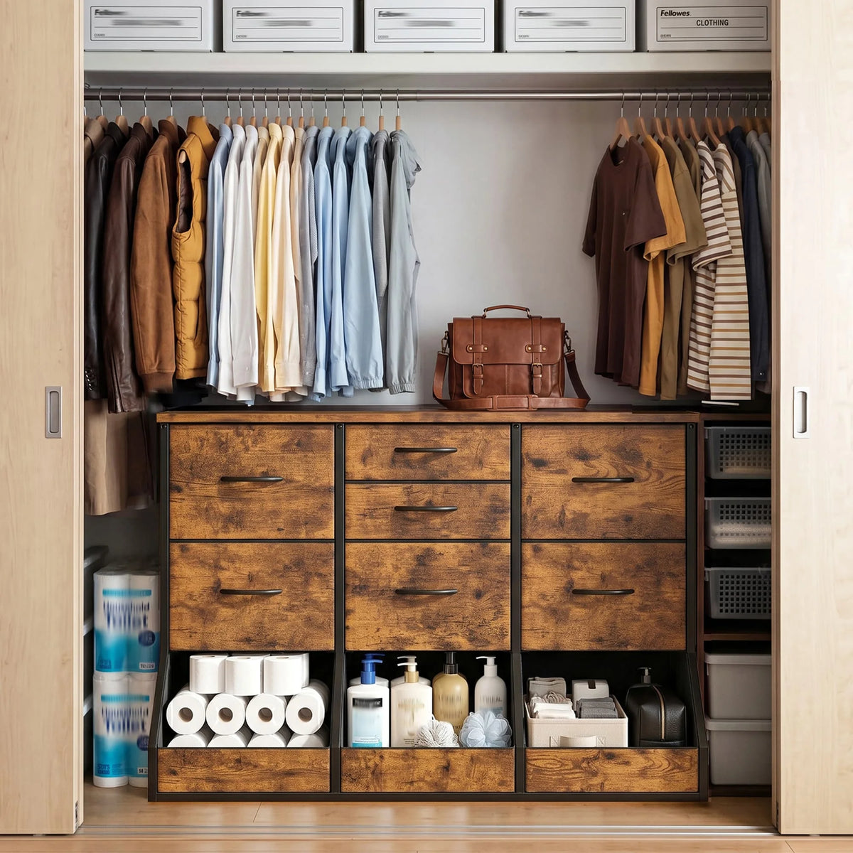 EnHomee 10-Storage Fabric Dresser – 7 Drawers & 3 Open Compartments, Wood Top & Metal Frame – 39.3"W x 17.7"D x 31.5"H – For Bedroom, Entryway, Hallway