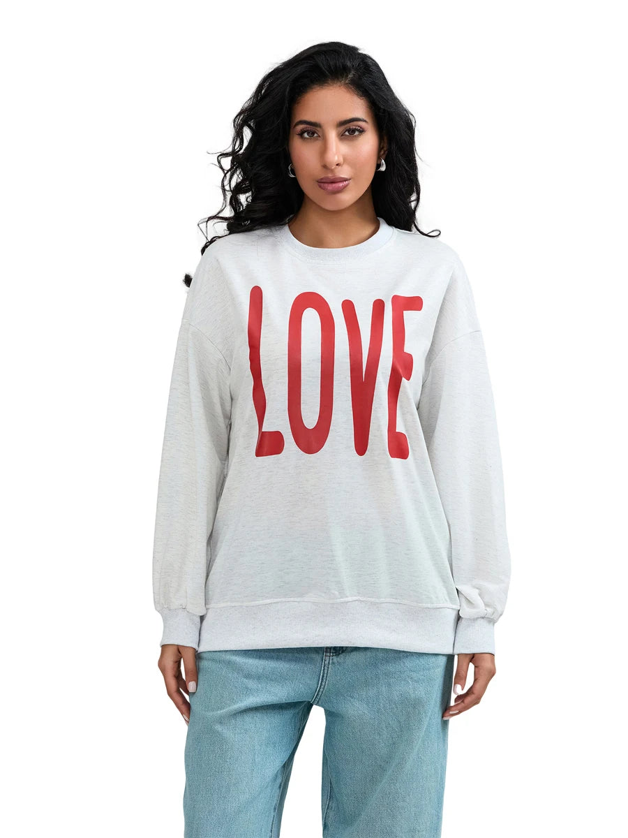 Valentine s Day Women s Casual Loose Fit Sweatshirt with Long Sleeves and Round Neckline Featuring Letter Print Design