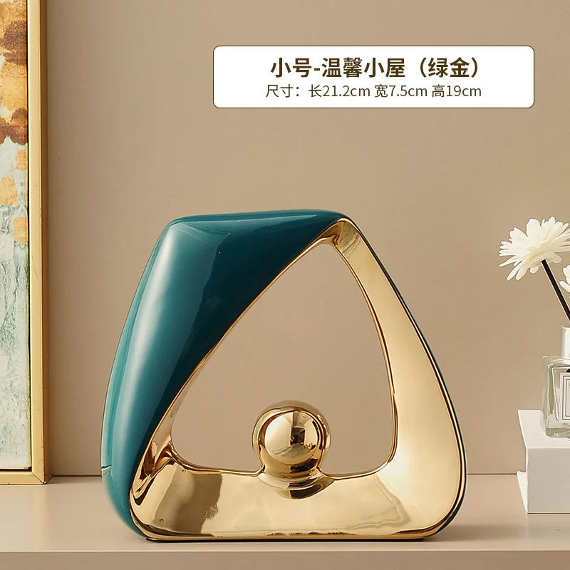 Ceramic Crafts Statues Abstract Ornaments Decorative Figurines Geometric Triangles Golden Ball Skeleton Sculpture Home Decor