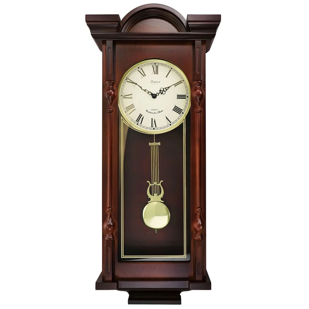 Elegant 31 Inch Analog Chiming Pendulum Wall Clock with Decorative Carved Accents and Harmonic Chimes Home Decor