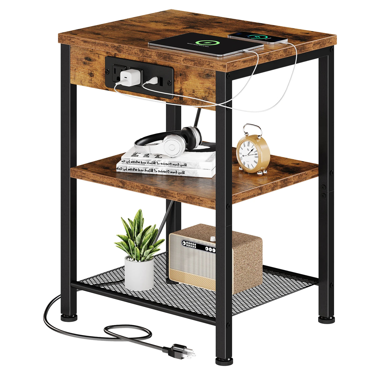 JHK 3 Tier Side Table Nightstand with Charging Station and USB Ports