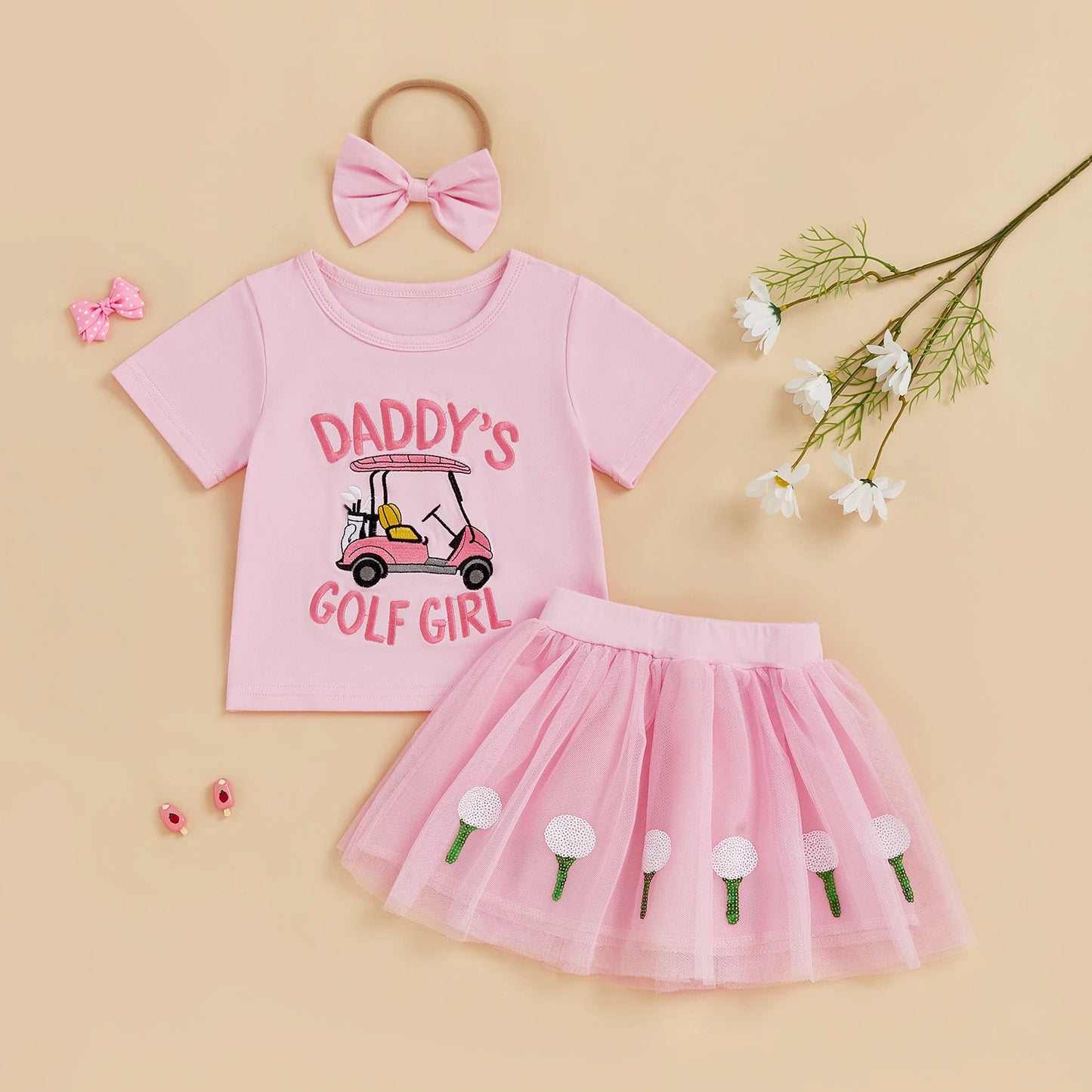 Toddler Girls Summer Sets Letter Golf Cart Embroidered Short Sleeve Round Neck Tops Golf Tulle Skirt with Headband