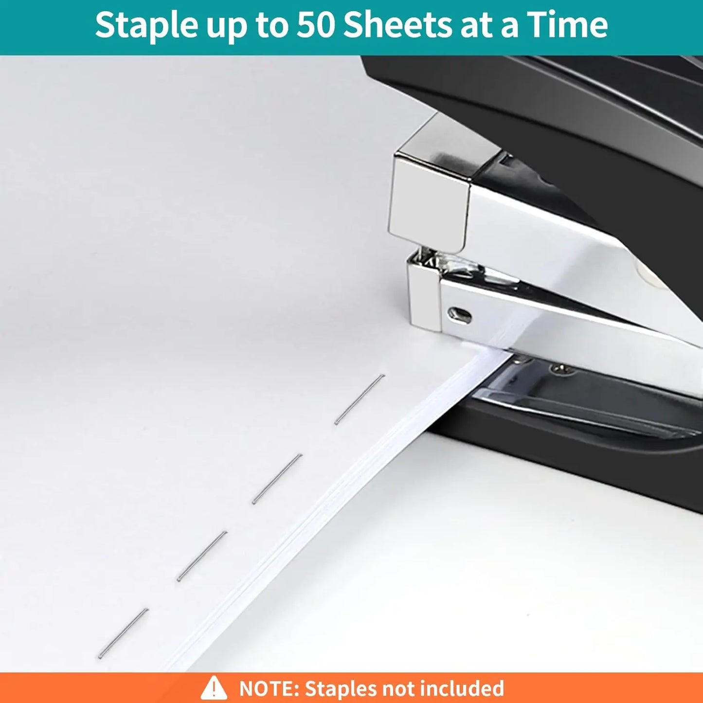 50-Sheet Effortless Stapler, One Finger Operation, Built-in Remover, Space-Saving for Home & Office