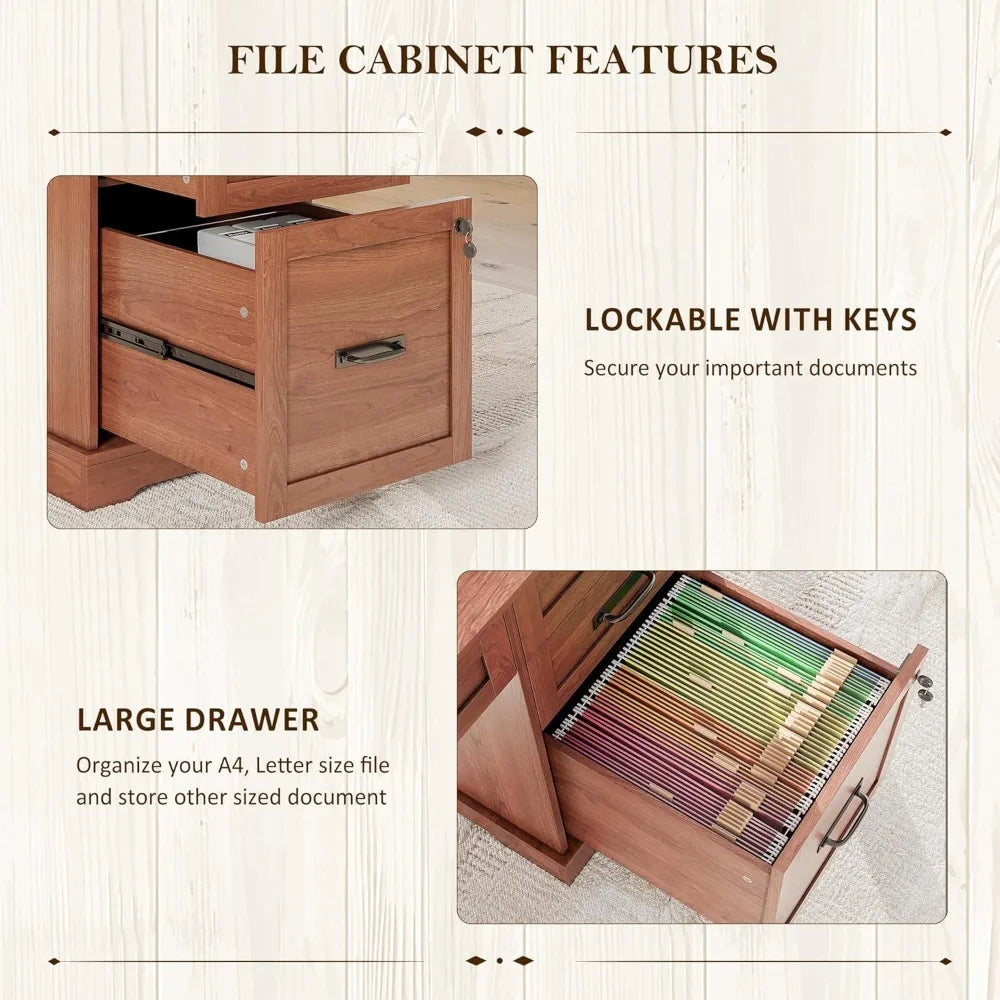 55'' Farmhouse Desk Home Office with Drawers, Executive Computer Desk Wooden with File Cabinet and Charging Station, Cerry Brow