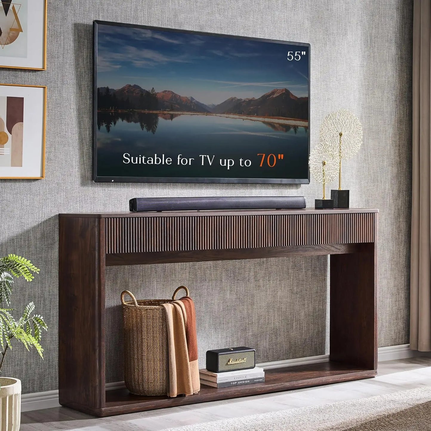 63" Fluted Console Table with 2 Large Drawers Long Entryway Sofa Table for Living Room Hallway Foyer Dark Walnut, Customized