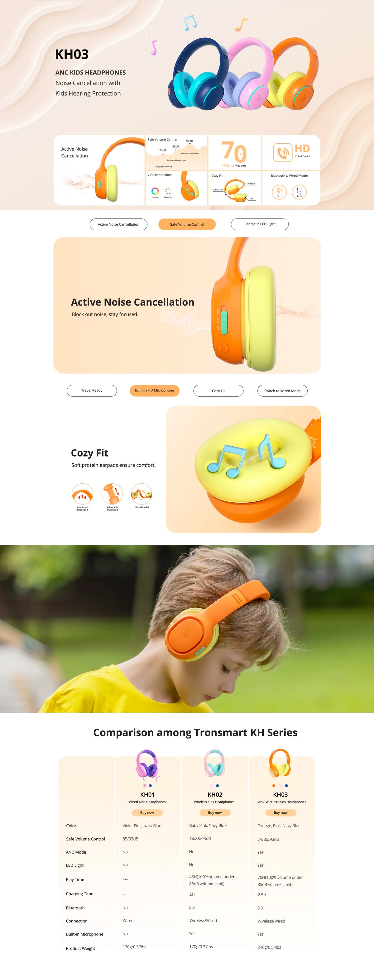 Tronsmart KH03 Active Noise Cancelling Kids Headphones, Foldable Bluetooth Headset with HD Mic for Class Clarity, Soft Protein Earpads, 7-Color LED, Safe Volume Limit, 70H Battery for Travel/Study