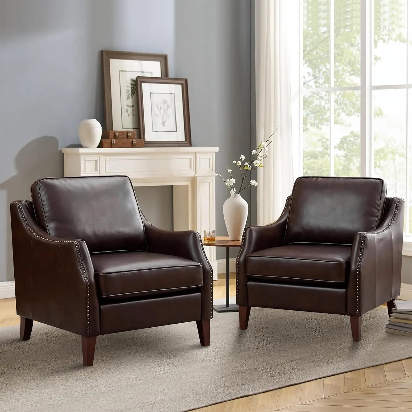 33.5" Faux Leather Armchair Set of 2 Nailhead Trim Solid Wood Legs Comfy Cushions Livingroom Bedroom, Customized