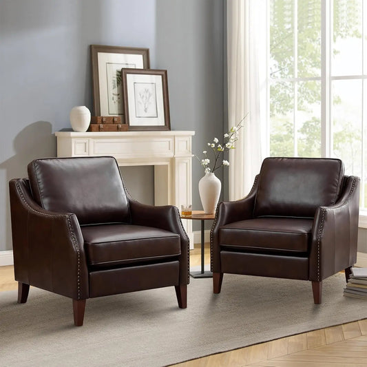 33.5" Faux Leather Armchair Set of 2 Nailhead Trim Solid Wood Legs Comfy Cushions Livingroom Bedroom, Customized