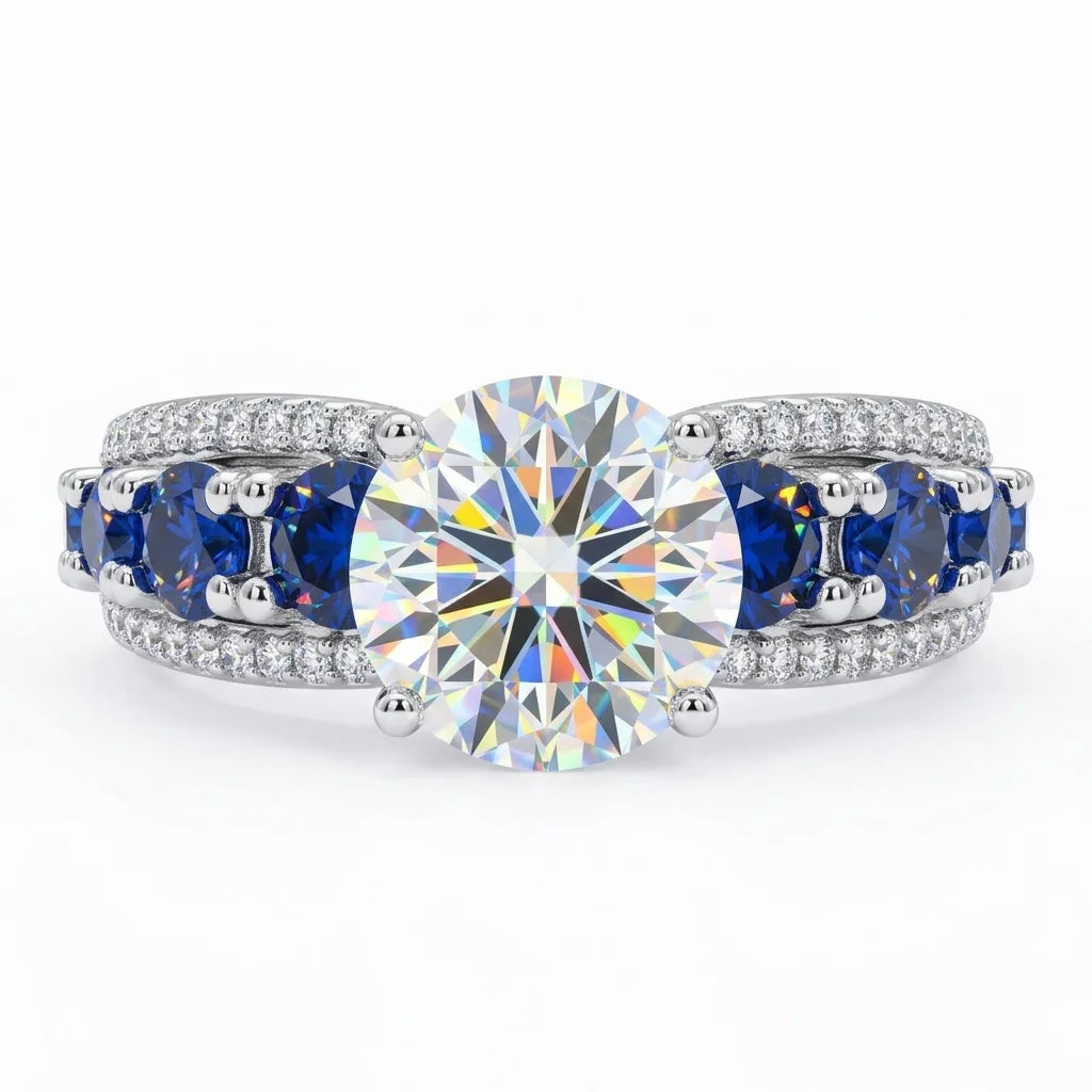 Moissanite Ring, 925 Silver, D Color VVS1, 3ct Sapphire Side Stones, Engagement Jewelry, Women's, Pass Diamond Tester
