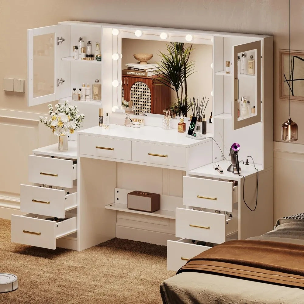 58.3" Makeup Vanity Desk with Charging Station,  Dressing Table with Mirror & Lights, 3 Lighting Modes Adjustable Brightness,