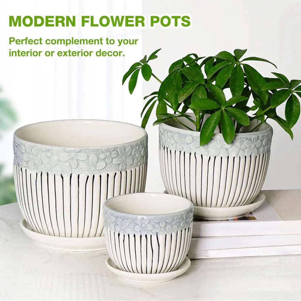 Set of 3 Ceramic Planters with Drainage 6.75 5.6 4.2 inch Saucers Modern Indoor Outdoor Flower Succulent Garden Pots