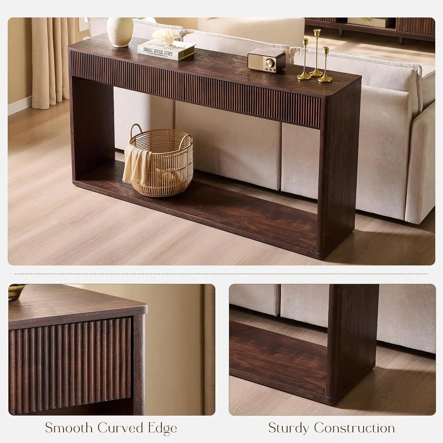 63" Fluted Console Table with 2 Large Drawers Long Entryway Sofa Table for Living Room Hallway Foyer Dark Walnut, Customized