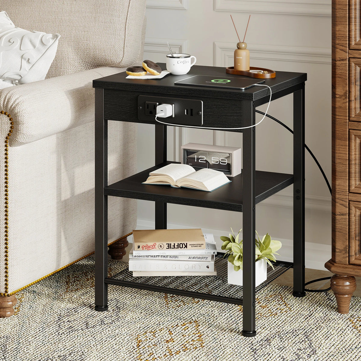 JHK 3 Tier Side Table Nightstand with Charging Station and USB Ports