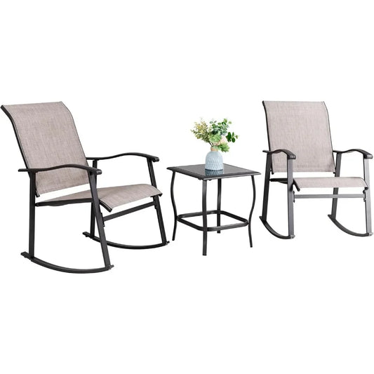 3 Piece Outdoor Rocking Bistro Set, Textilene Fabric Small Patio Furniture Set, Front Porch Rocker Chairs Conversation Set with
