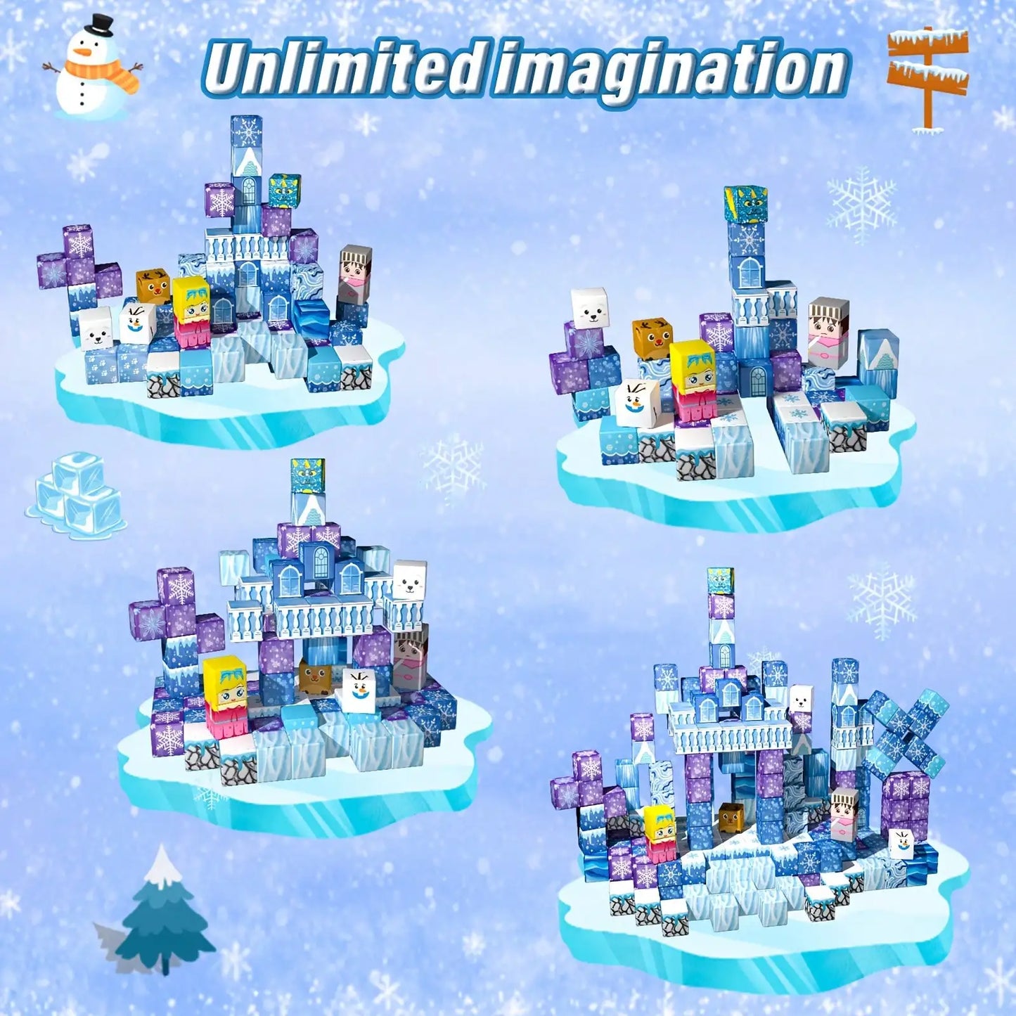 Magnetic Blocks - 100/64/48PCS Magnetic Blocks Build Ice Castle - Magnet Blocks Sets For Blue Princess Castle Build, Upgraded STEM Sensory Birthday Gift For Kids Age 3+ Years Old.