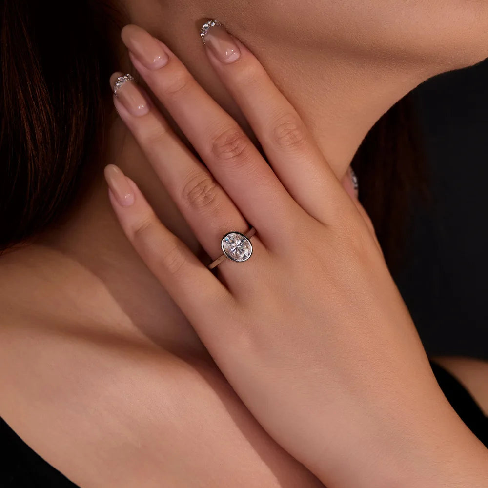 Classic Oval Moissanite Solitaire Ring, S925 Sterling Silver Bezel Band, D Color VVS1 Moissanite Ring