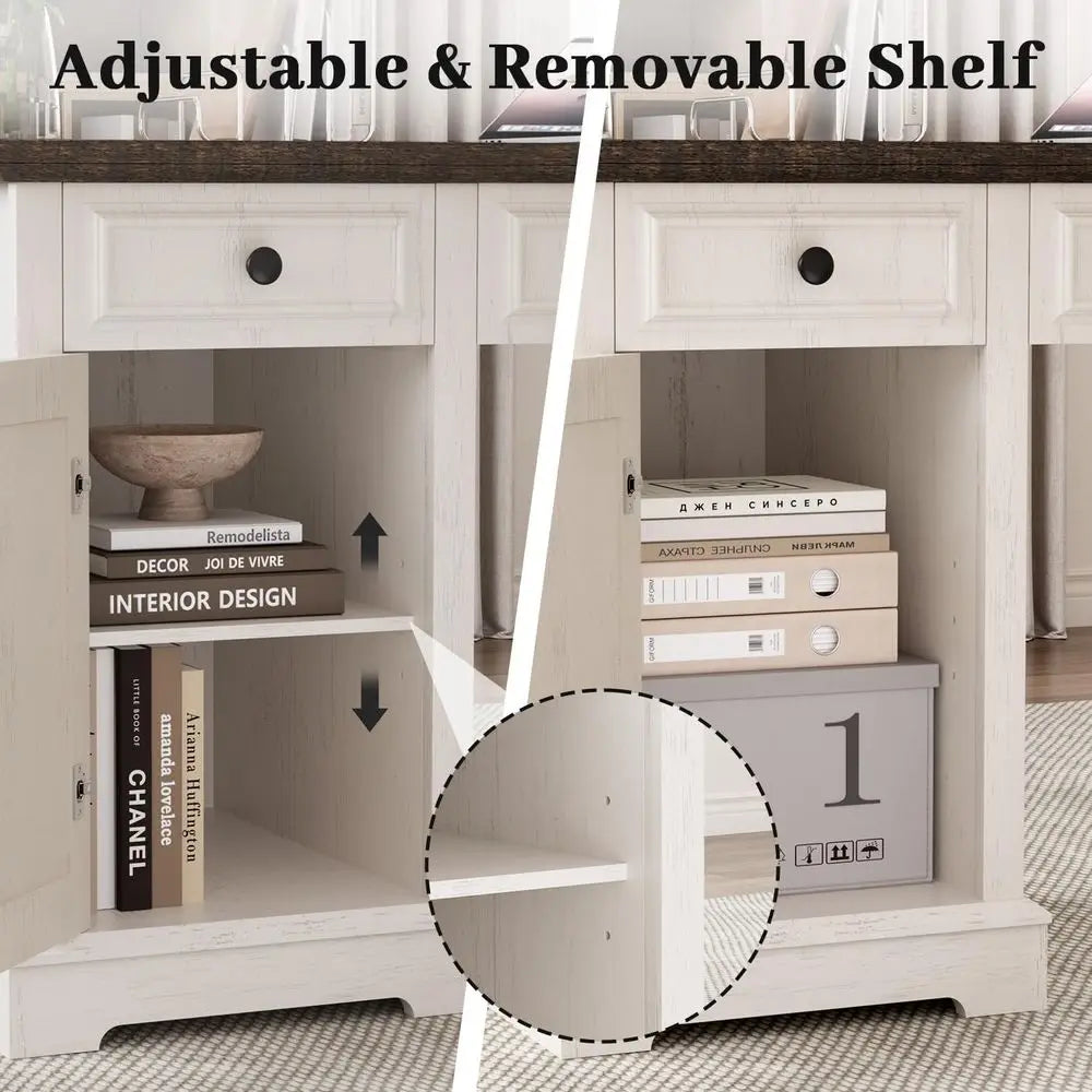 59 Modern Executive Desk with Drawers, Lockable File Cabinet, Storage, and Power Outlet for Home Office (White)