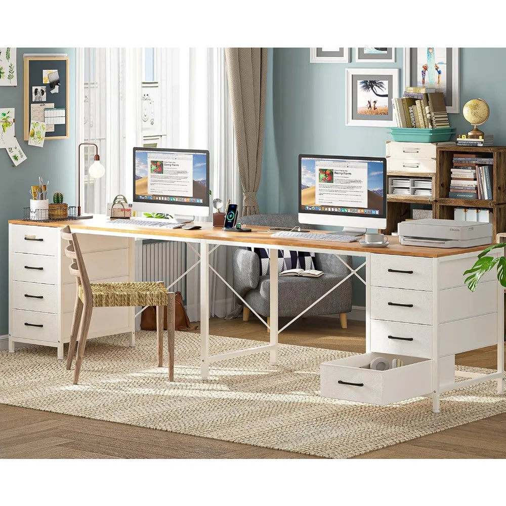 95" 2 Person Desk with 8 Drawers, Large Writing Home Office Desks with Outlets, I Shaped Workstation Double Desk Drawer Orga