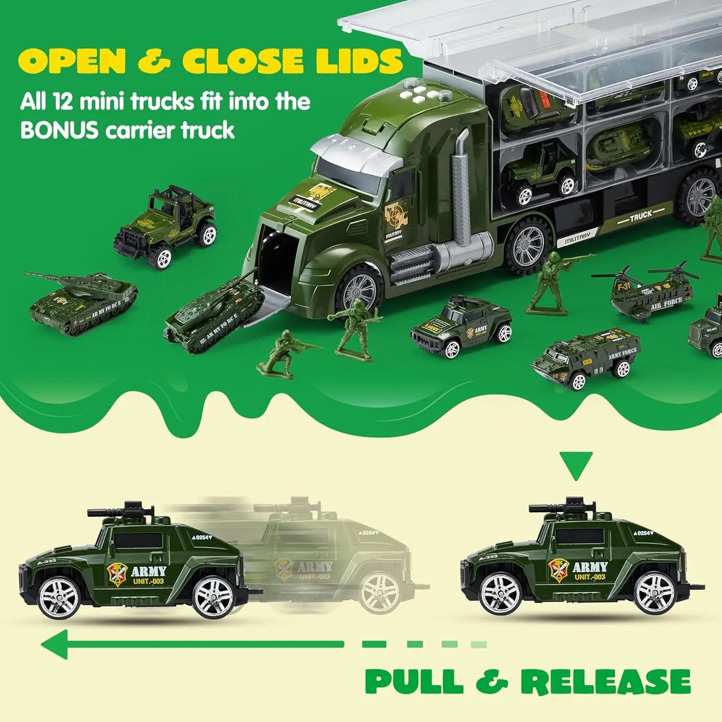 JOYIN 25 in 1 Green Military Big Truck Toys Army Men Tanks Set with Soldier Men Battle Car Toy in Carrier Truck for Boys Gifts