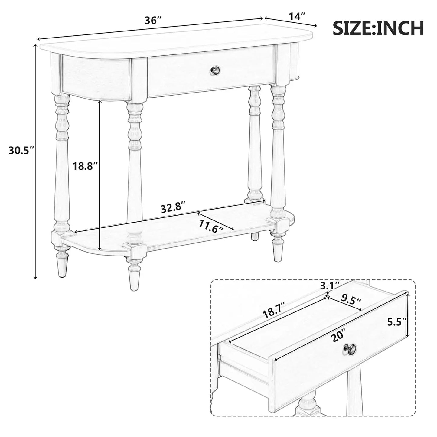 Small Curved Console Table 36-Inch Retro Farmhouse Entryway Sofa Table with Drawer & Storage Shelf for Entry, Customized