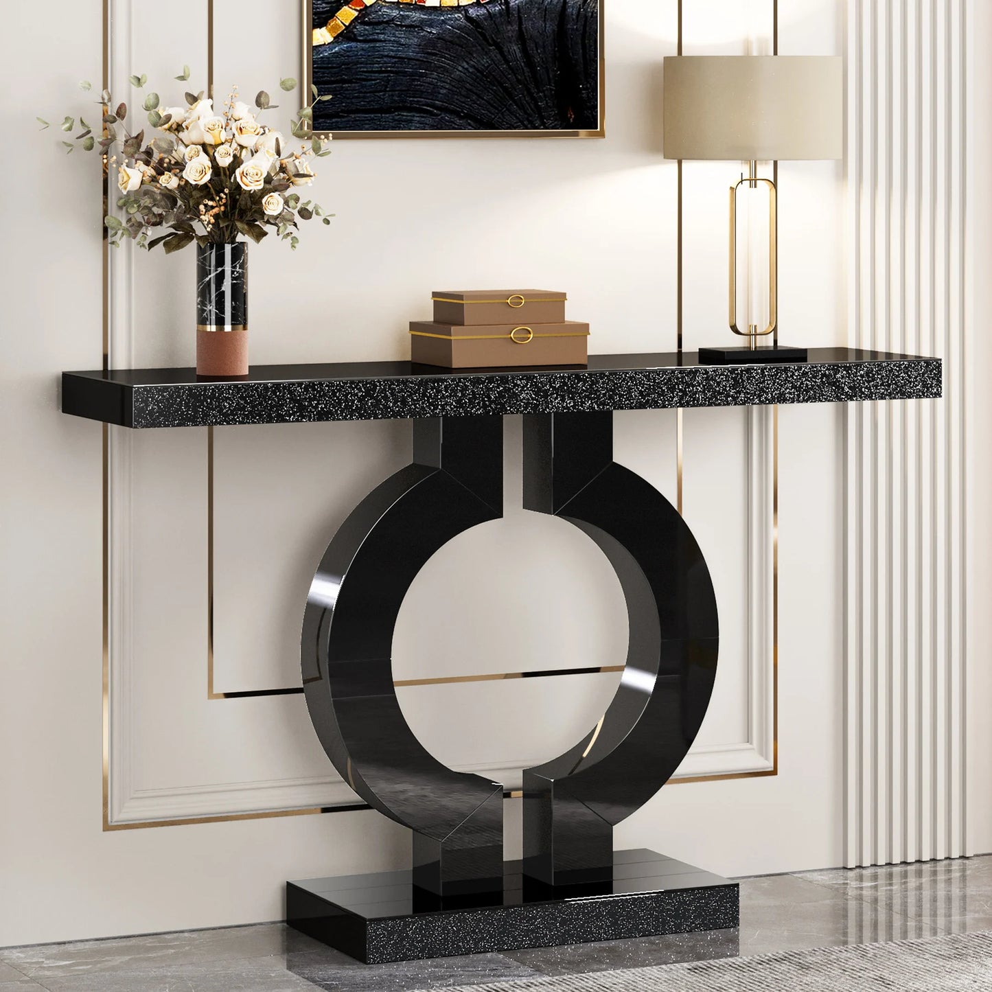 43-Inch Modern Mirrored Console Table, Glass Sofa Table  Entryway Table O-Shaped Base