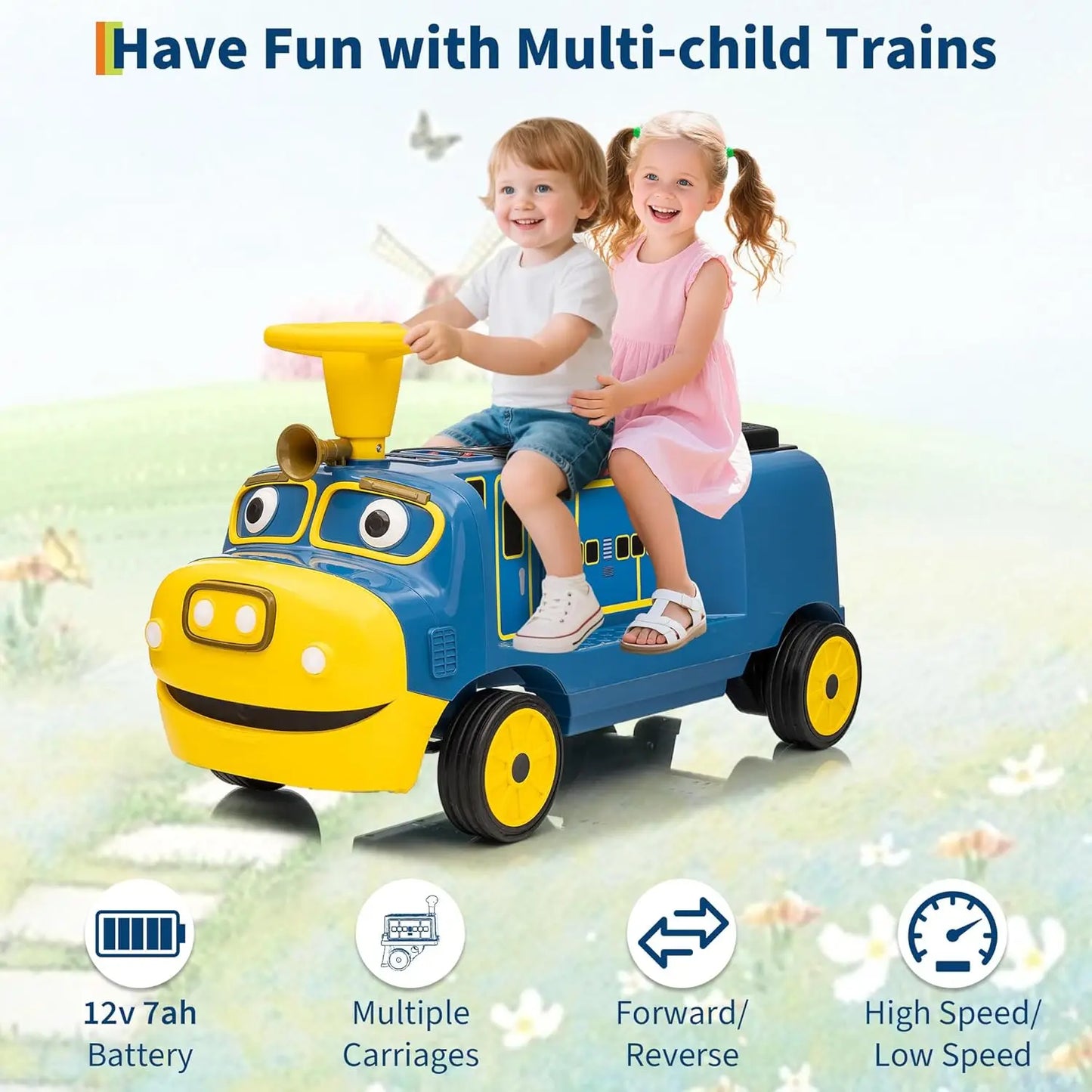 2 Seater Ride On Train Trackless, 12V Kids Ride On Toy with Height Adjustable Seat, Storage Space, Carrige for Toddlers 3+