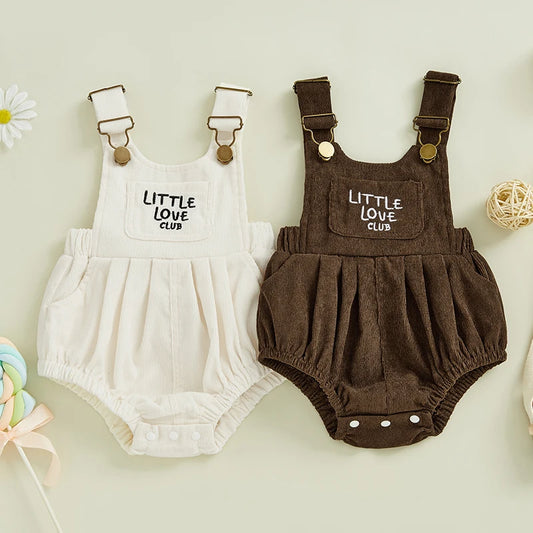 Infant Boys Girls Sleeveless Round Neck Letter Embroidery Rompers with Pleated Detailing - Cute Overalls for Babies