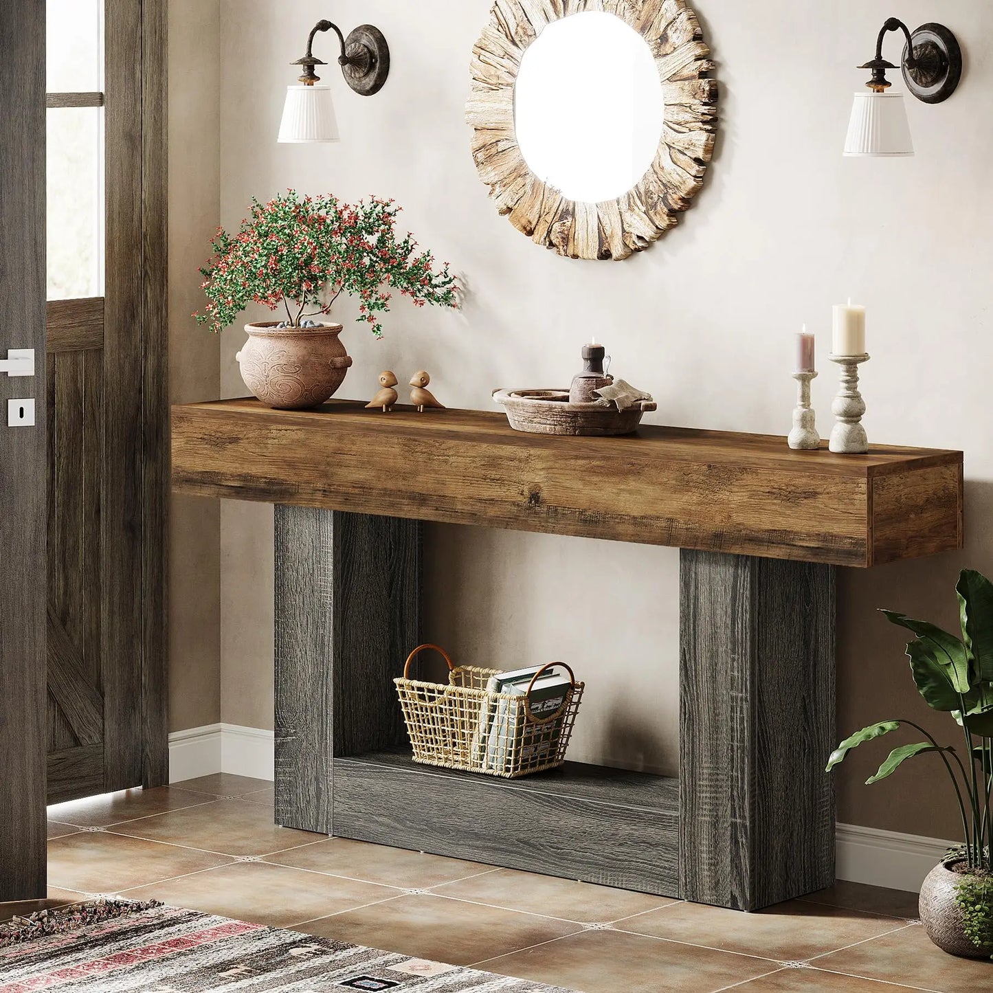 LITTLE TREE 63" Console Table, Farmhouse 2-Tier Entryway Table with U-Shaped Base,Narrow Long Wood Sofa Table Behind Couch Table