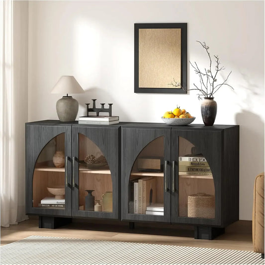 Modern Accent Cabinet , 63 '' Sideboard Buffet Cabinet with Storage, Large Sideboard with 4 Glass Doors, Black Credenzas