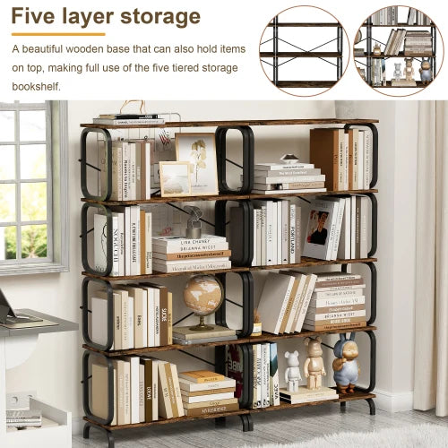 5-Tier Industrial Bookshelf - Rustic Brown, Open Wood & Metal Design, Vintage Storage Organizer