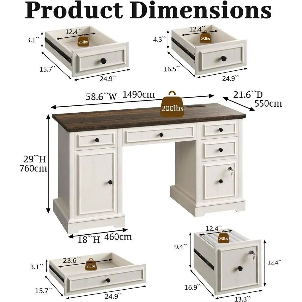 59 Modern Executive Desk with Drawers, Lockable File Cabinet, Storage, and Power Outlet for Home Office (White)