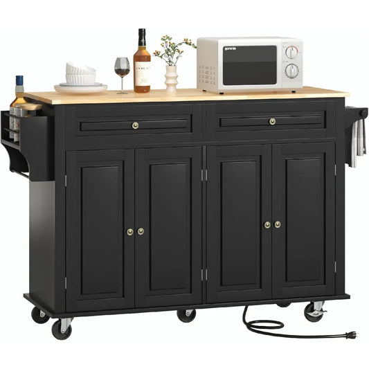55" Movable Kitchen Island with Drop Leaf and Power Outlet, Rolling Cart with Storage Cabinet, Island Table on Wheels for Kitche