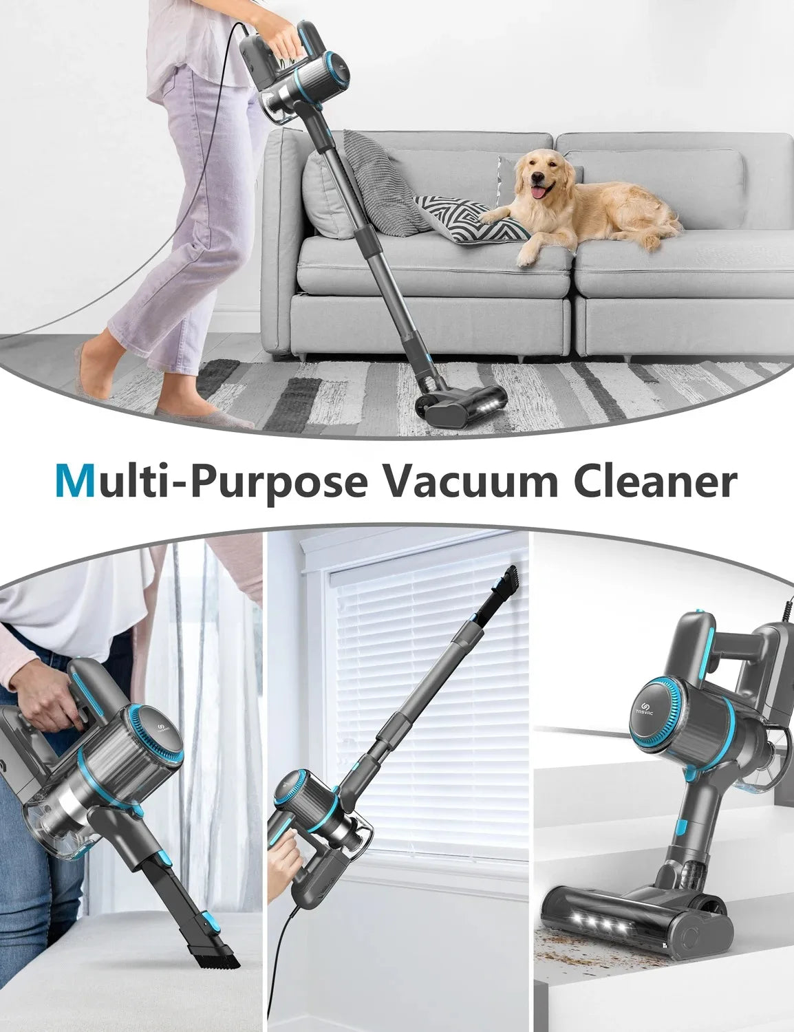 TASVAC I7 26Kpa Corded Vacuum Cleaner 600W Powerful Suction Motor 4 in 1 Stick Handheld Vaccum for Home Pet Hair Carpet Cleaning