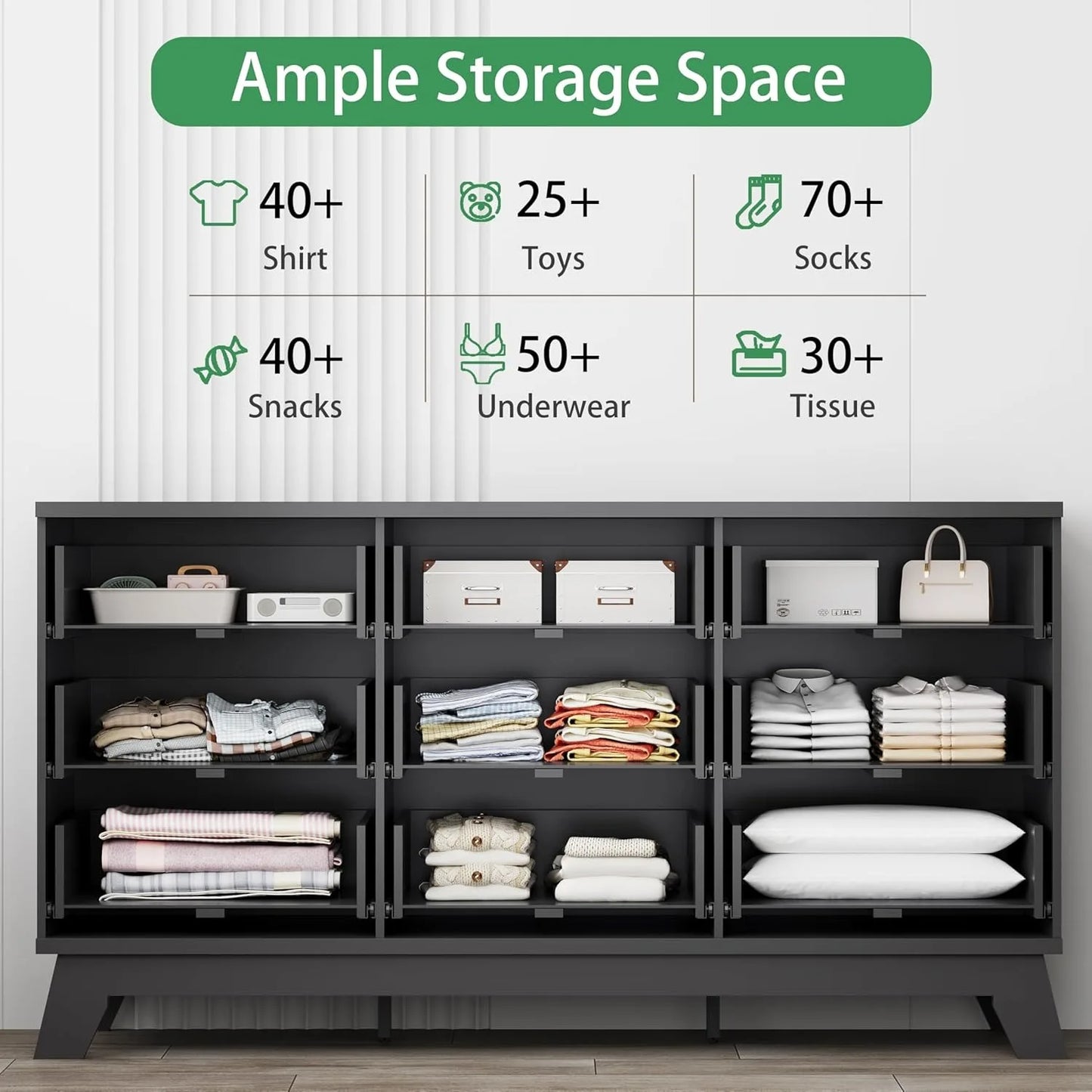 Fluted Dresser for Bedroom with 9 Drawers, 57" Wide Chest of Drawers with Metal Handle, Modern Wood Dresser TV Stand