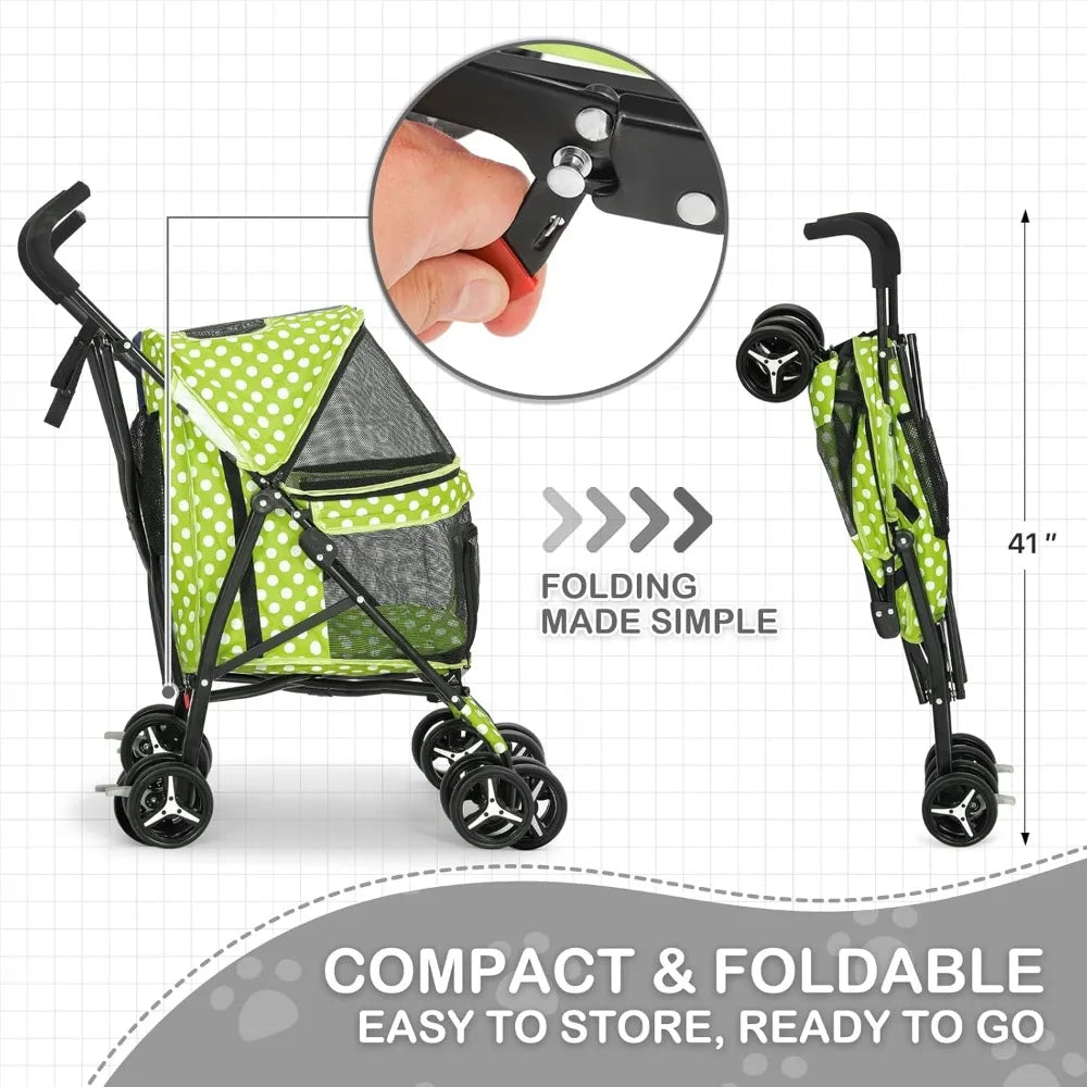 Four Wheel Pet Stroller Foldable Mesh Storage for Medium Small Cats Dogs
