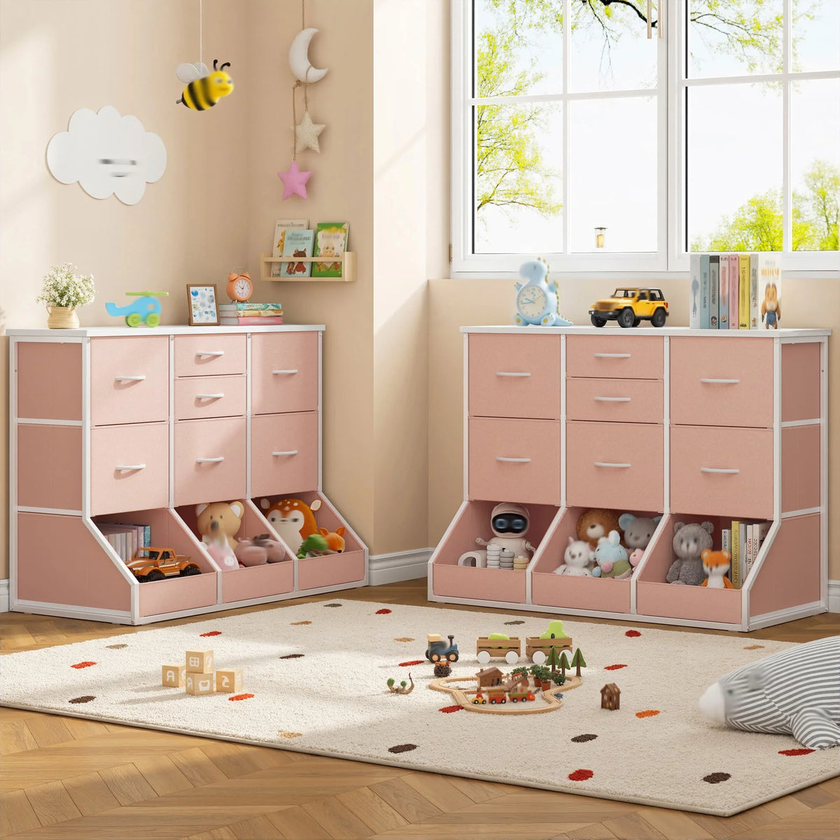 EnHomee 10-Storage Fabric Dresser – 7 Drawers & 3 Open Compartments, Wood Top & Metal Frame – 39.3"W x 17.7"D x 31.5"H – For Bedroom, Entryway, Hallway