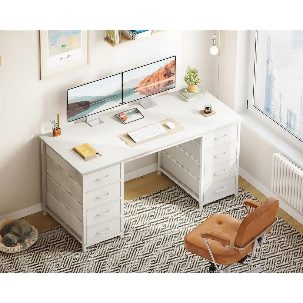 48 Inch White L Shaped Computer Desk with 8 Fabric Drawers for Home Office