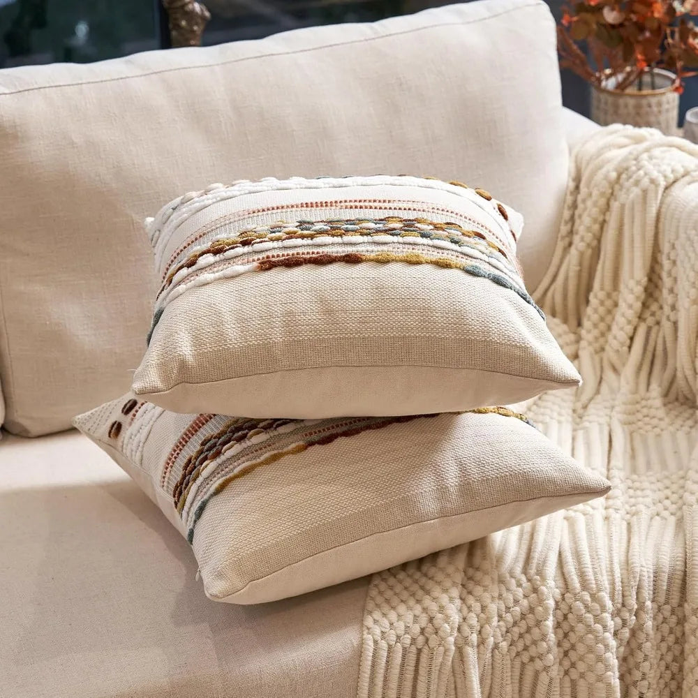 Boho Striped Chenille Tufted Pillow Covers 18x18 Set of 2 Orange White Neutral Decorative for Couch Bed