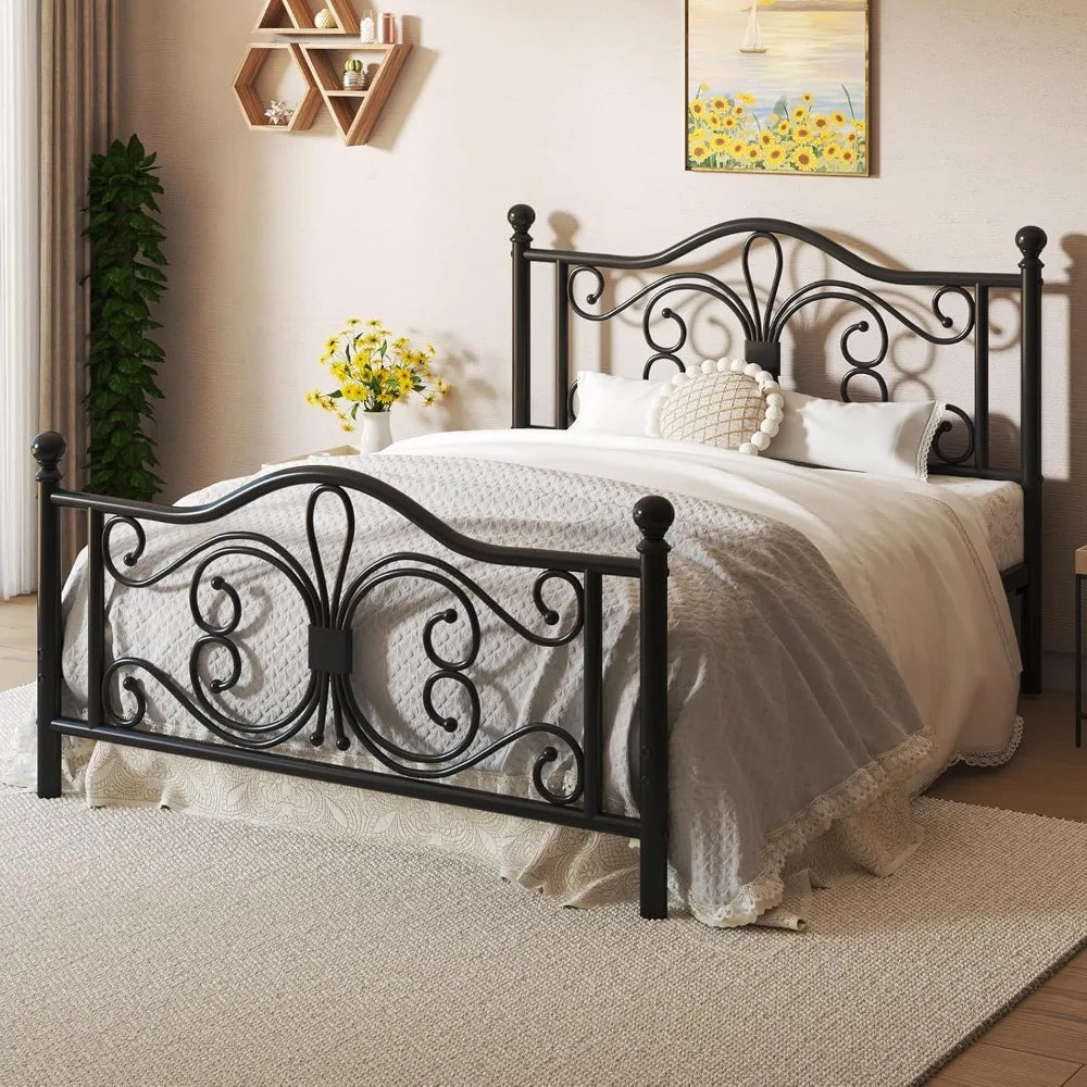Queen size frame/metal platform bed with butterfly pattern design headboard and footboard