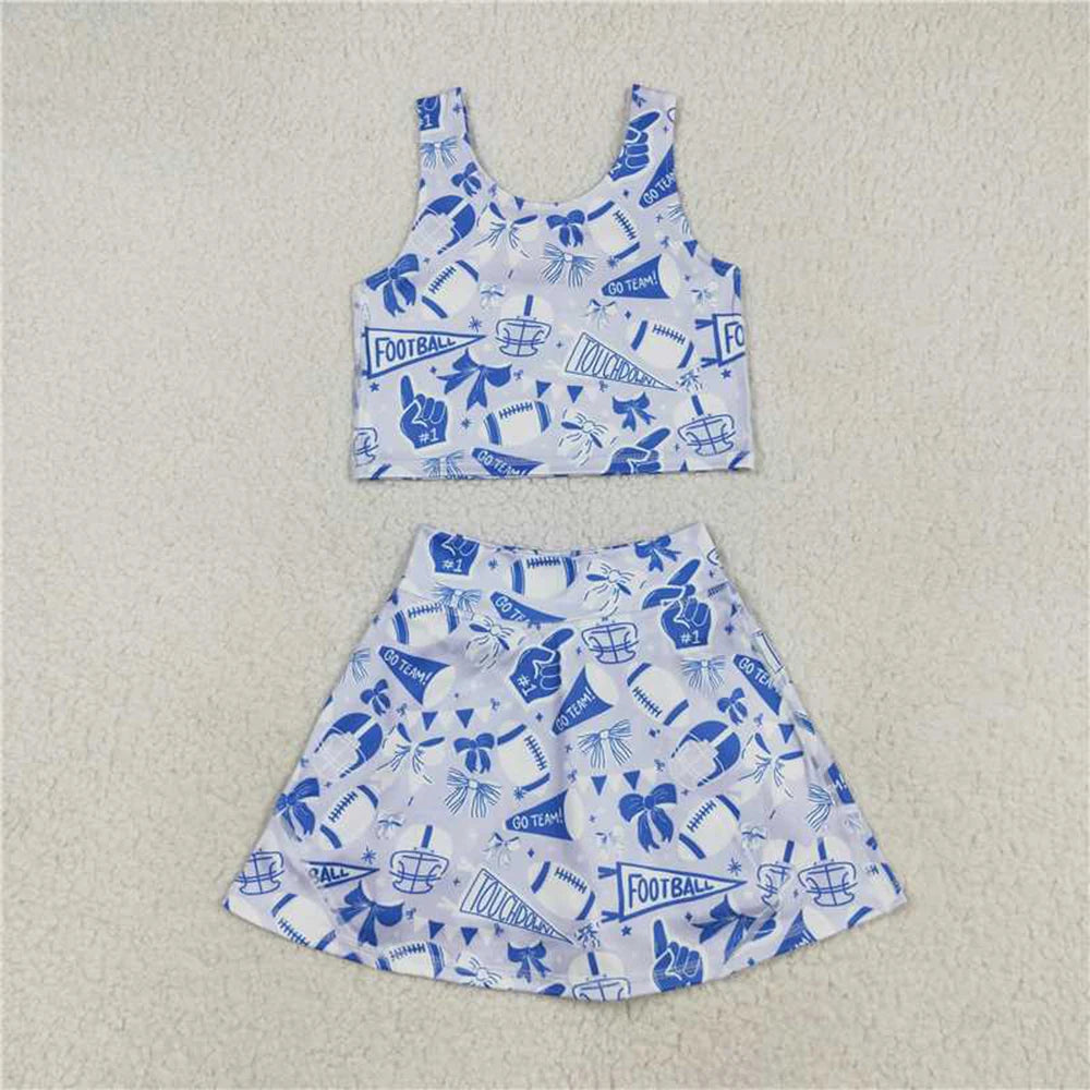 Baby Girls Team Blue Football Bows Yoga Sets Vest Top Short Skirts Outfit for Little Girls