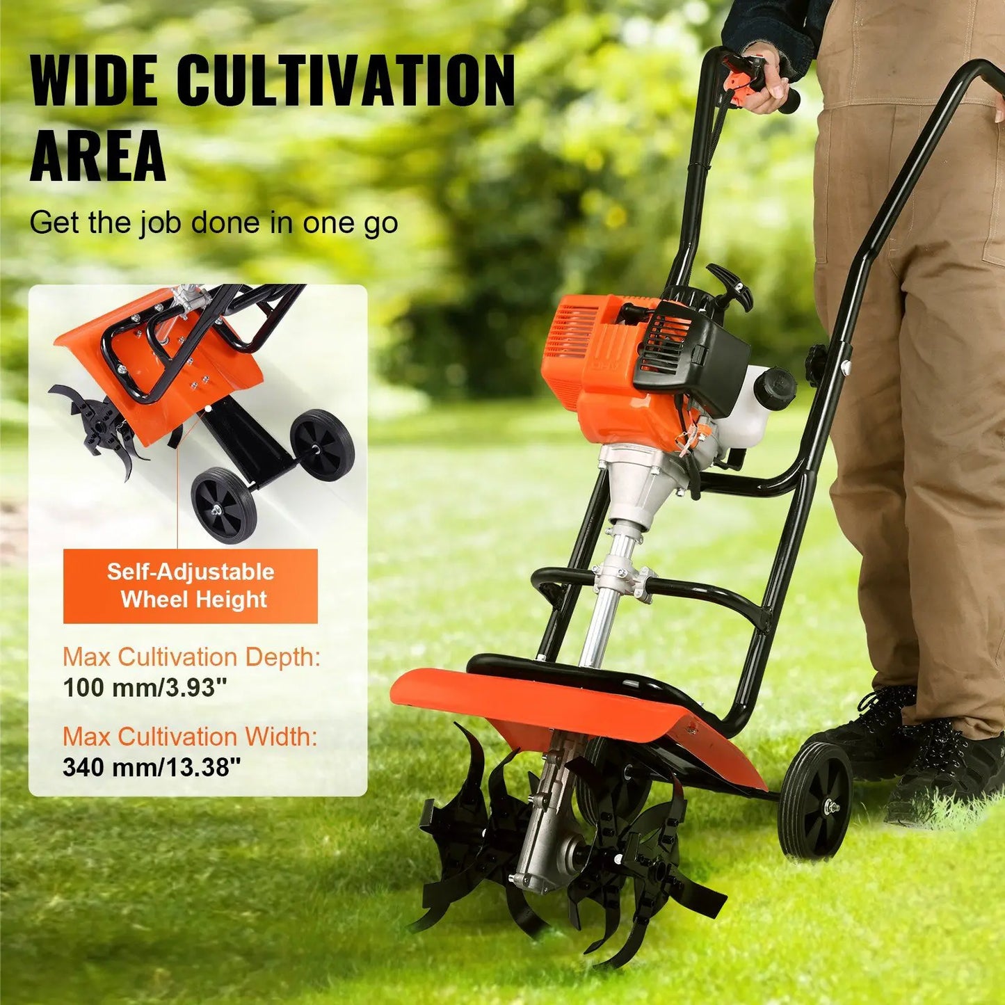 Powerful 31CC 4-Stroke Tiller Cultivator with 4 Steel Adjustable Front Tines, Garden Cultivator for Lawn and Field