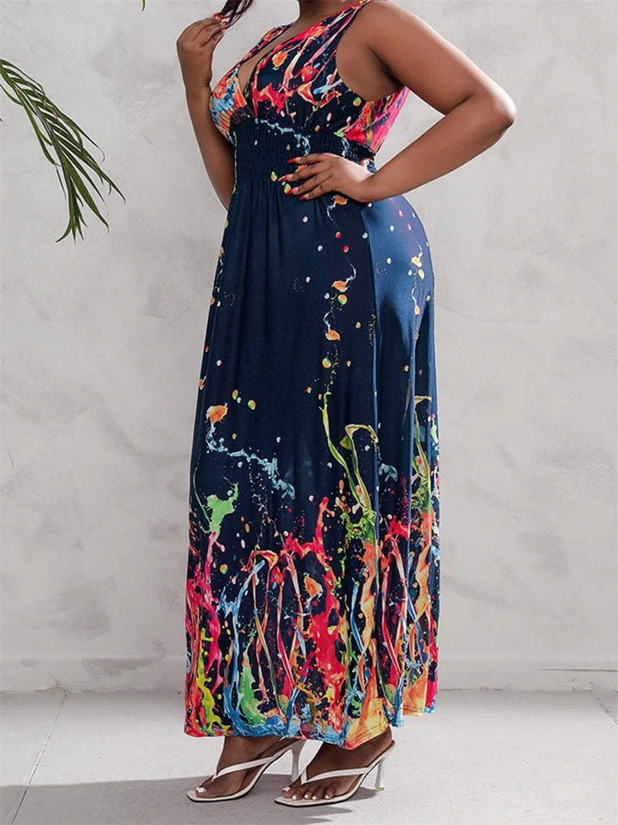 Women Plus Size Sleeveless Maxi Dress Casual Floral Print V-Neck Party Dress for Beach Club Streetwear Summer Fashion Trend