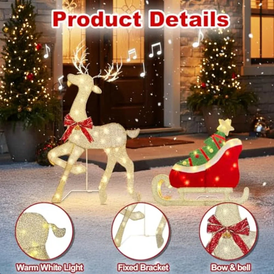 EAMBRITE Christmas Decorations Outdoor 42 Inch Christmas Reindeer Sled with 117 Warm White Lights Motion Sensor 2D Music Lighte