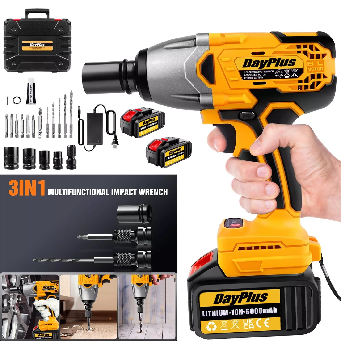 Brushless Electric Impact Wrench ,1/2" 6000mAh Heavy Duty 800N.M Ratchet Nut Gun Cordless For Cay Tyre Wheel Removal