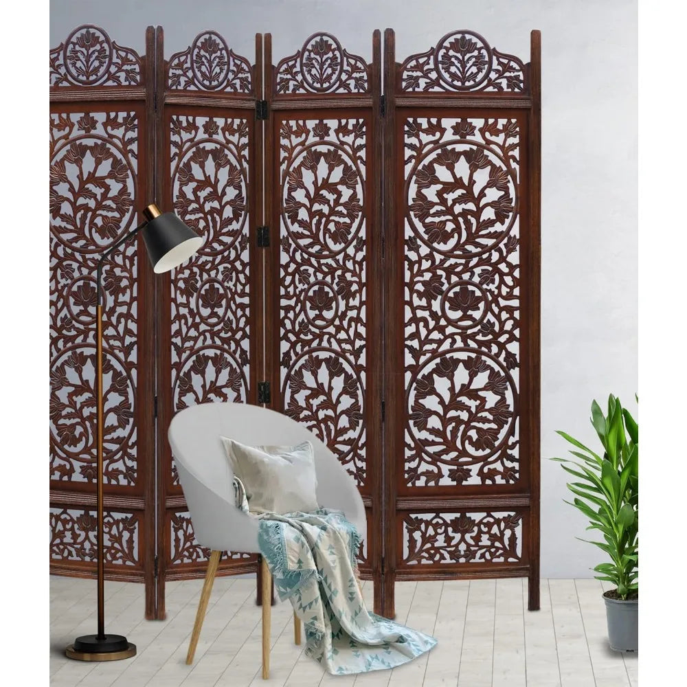 Kamal Antique Brown Room Divider with 4 Folding Panels - 72 x 80 Hand Carved Portable Screen, Reversible Functional Design