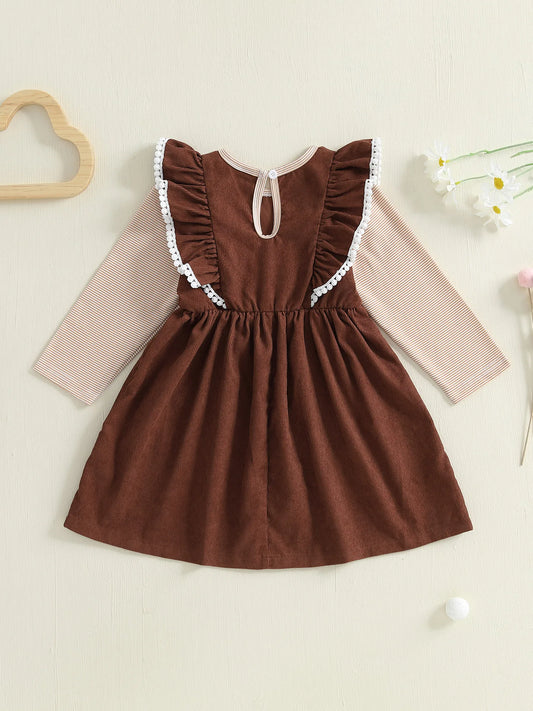 Girls Long Sleeve Crew Neck Striped Embroidered Horse Casual Dress with Pockets and Ruffle Hem for Fall Winter