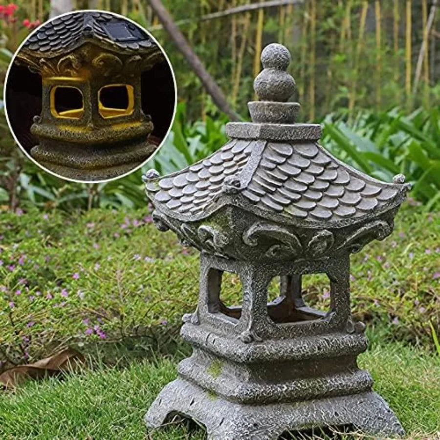 Asian Solar Zen Pagoda Garden Statue 14 Inch, Outdoor Japanese Lamp Lantern for Home Garden Landscape Décor 14 inch Pagoda