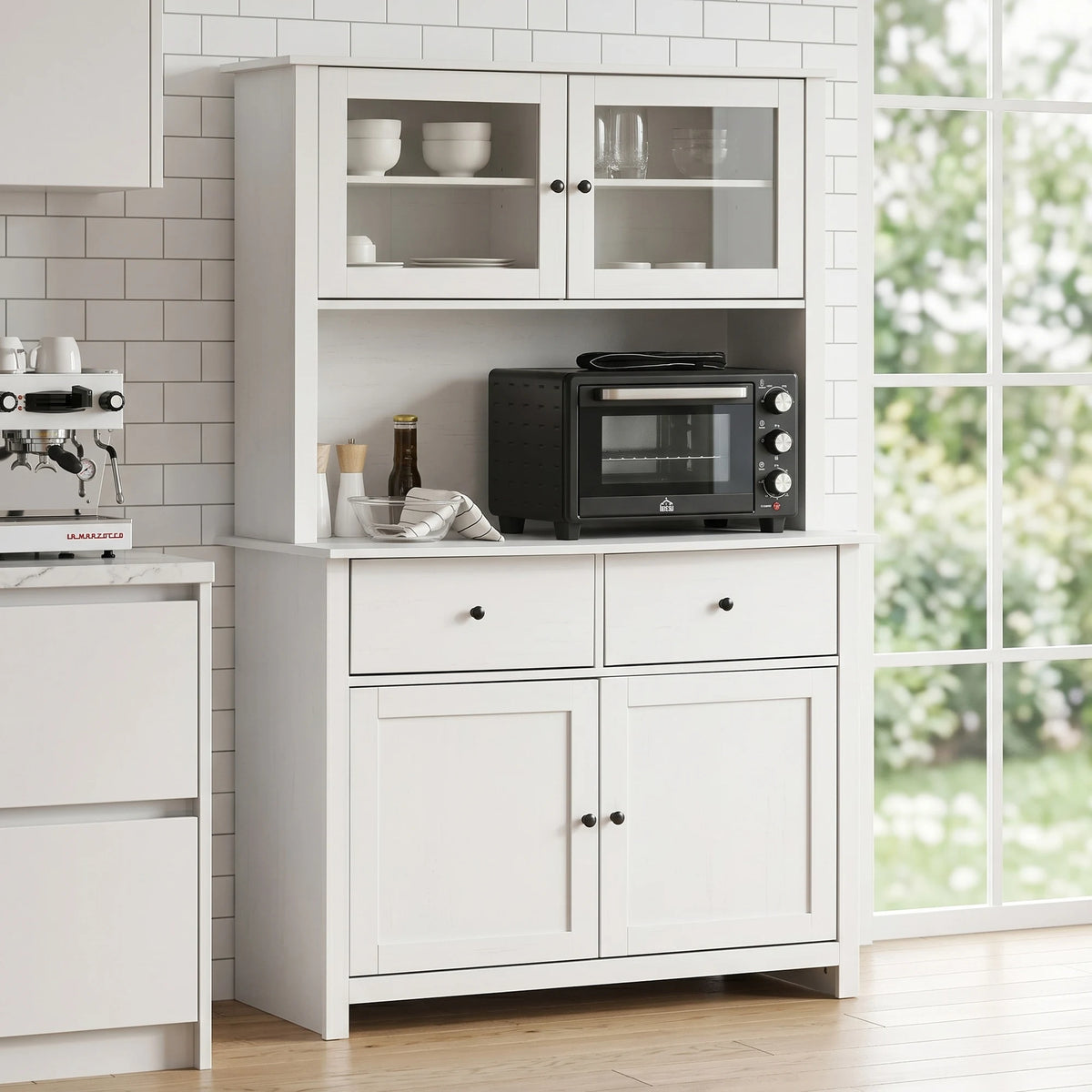 HOMCOM 63.5" Kitchen Buffet with Hutch, Pantry Storage Cabinet with 4 Shelves, Drawers, Framed Glass Doors, Open Microwave Countertop, Antique White
