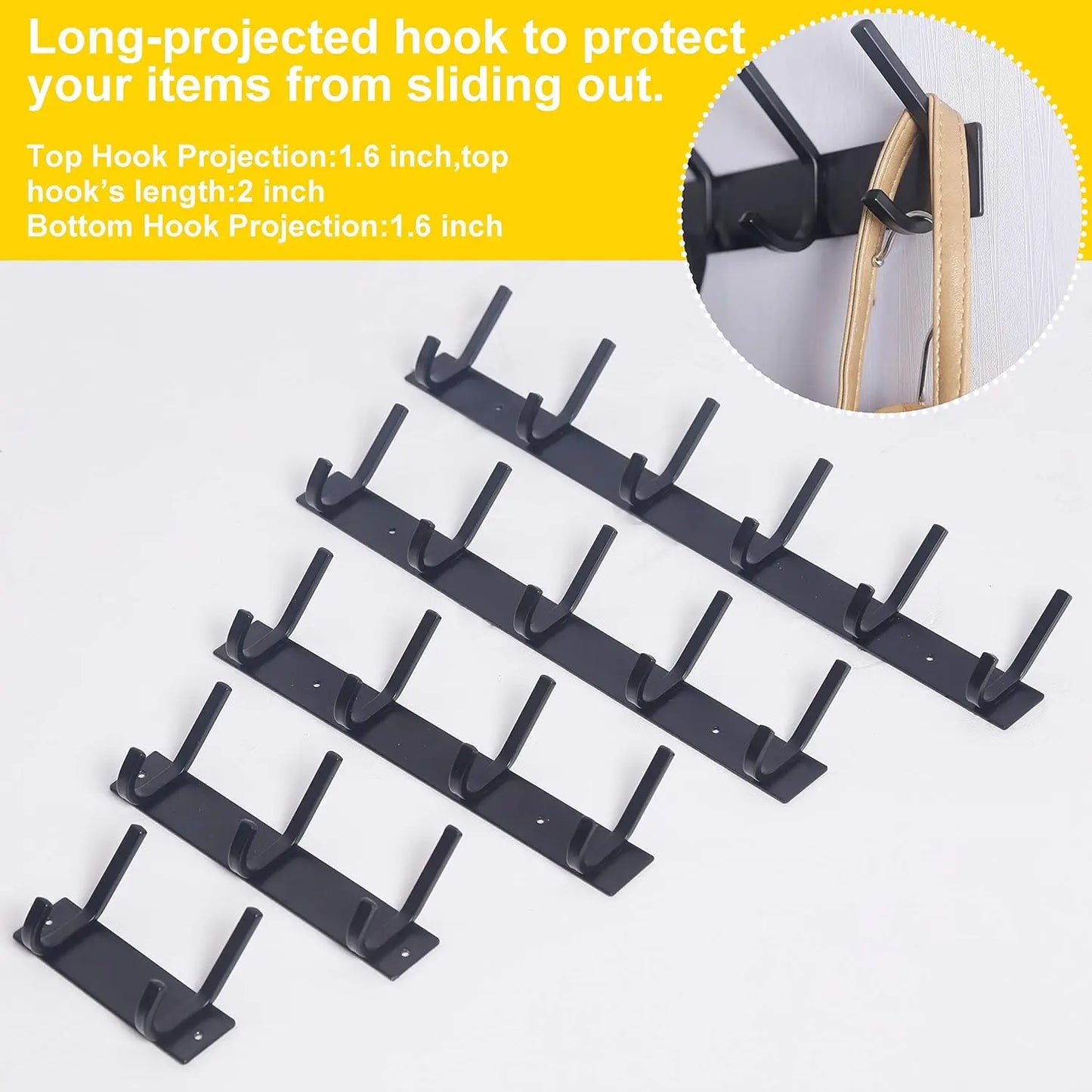 Wall Mounted Coat Rack with 6 Double Hooks Heavy Duty Metal Rail for Purse Clothes Jacket Entryway Black